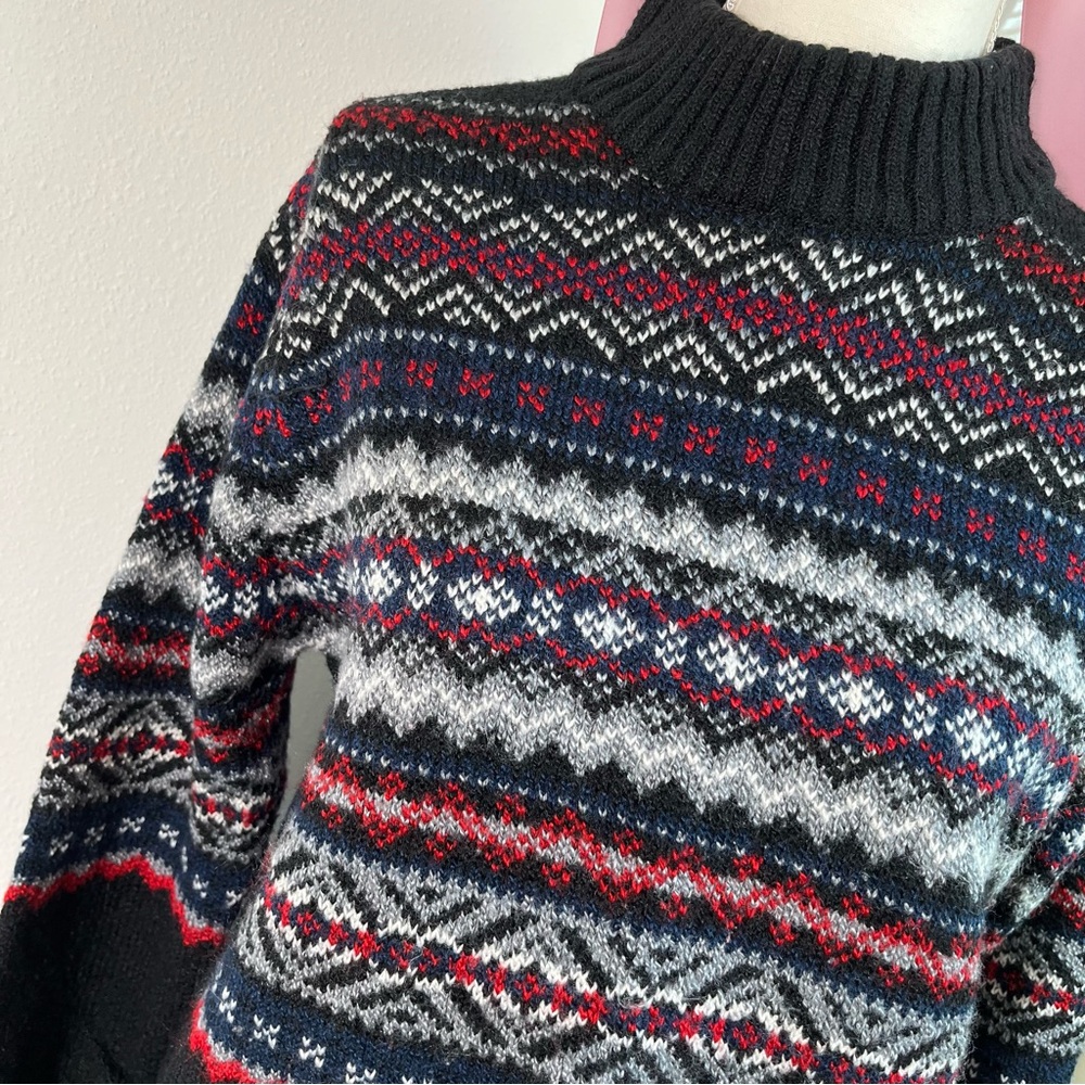 Vintage 90s Fair Isle Black Mock Neck Knit Sweater Acrylic Womens Size Small - Picture 4 of 6